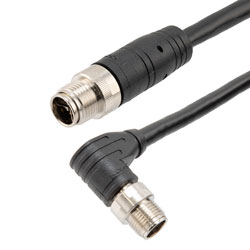 超6类经济型IP67防护等级M12 8针X编码屏蔽户外级线缆组件，直角M12公头/M12公头，26AWG导体，VW-1阻燃等级PVC护套，黑，3米的图片
